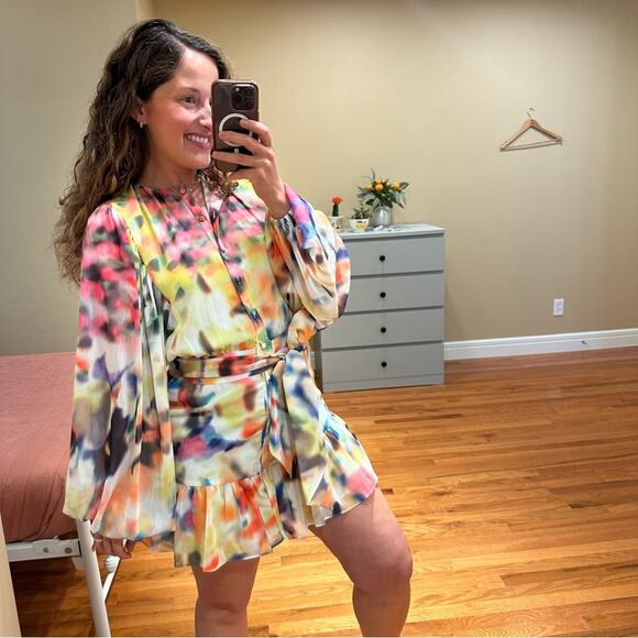 NWT Alexis Pink Multicolored Watercolor Long Sleeve Mini Dress Medium - Picture 3 of 14